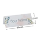 Personalised wedding place card with your name in elegant design on folded white cardstock. Dimensions are 90mm wide by 37mm high, shown with measurement indicators on a plain white background.