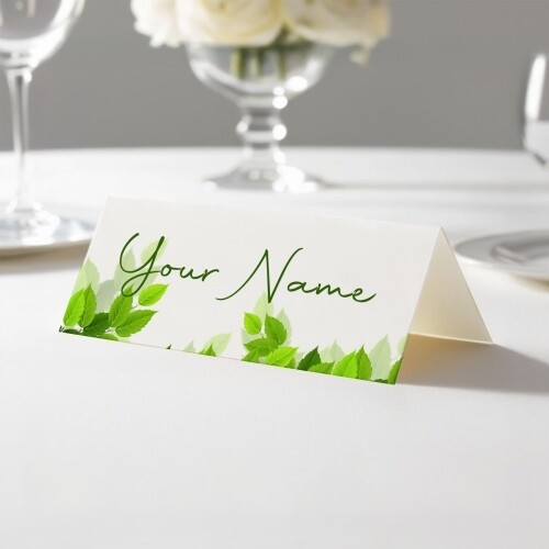 Personalised wedding place card with your name in elegant design on folded white cardstock. Displayed on a white tablecloth with wine glasses, plates, and a floral centrepiece in the softly blurred background.