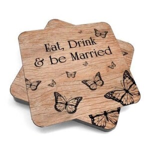 Eat drink coaster with eat drink and be married logo