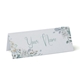 Personalised wedding place card with your name in elegant design on folded white cardstock. Minimalist design, set against a plain white background for a clean and sophisticated look.