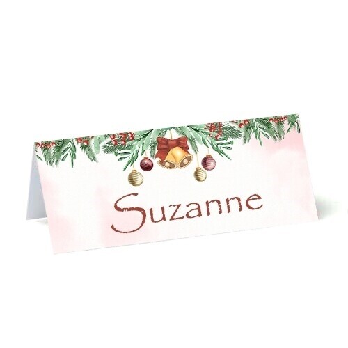 personalised place cards on 250gsm card red watercolour background with green holly wreath bells and baubles