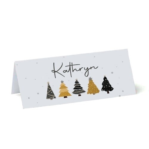 personalised place cards on 250gsm card with gold and green Christmas trees with grey falling snow