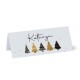 personalised place cards on 250gsm card with gold and green Christmas trees with grey falling snow