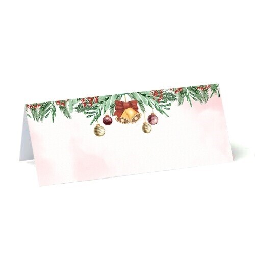 red watercolour background with green holly wreath bells and baubles