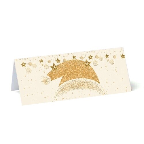 blank place cards on 250gsm card cream background with gold sparkles and santa hat with star and glitter baubles