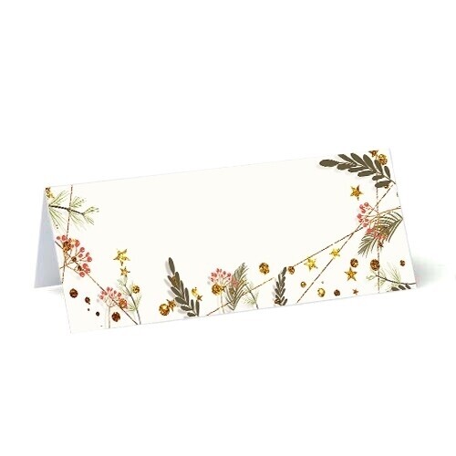 blank place cards on 250gsm card with green eucalyptus red berries and gold glittery stars
