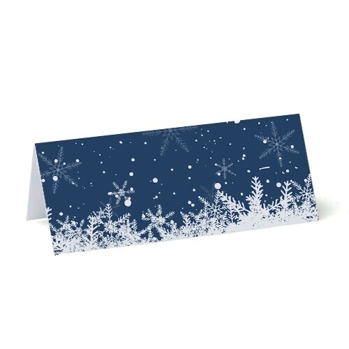 blank place cards on 250gsm card navy background with white snow flakes