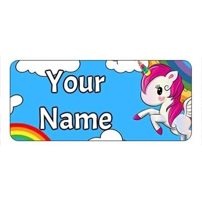 Design for Unicorns Name Labels: baby shower, glitter, gold, lilac, polkadots, purple, spots